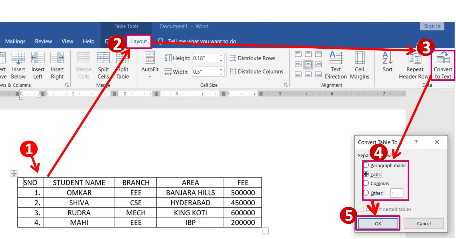 convert text to table word 2015