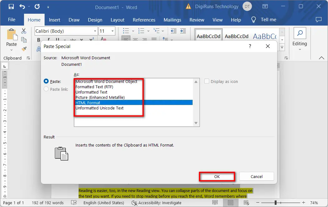 Paste Special dialogue box in Word