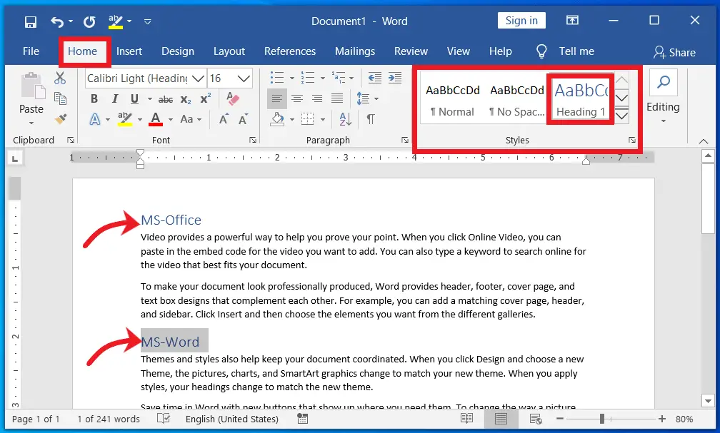 Heading styles for navigation panes in MS-Word
