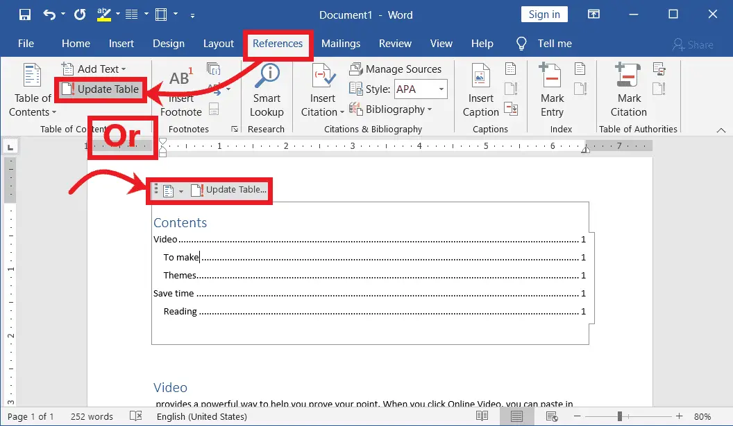 Updating Table of Contents in Word