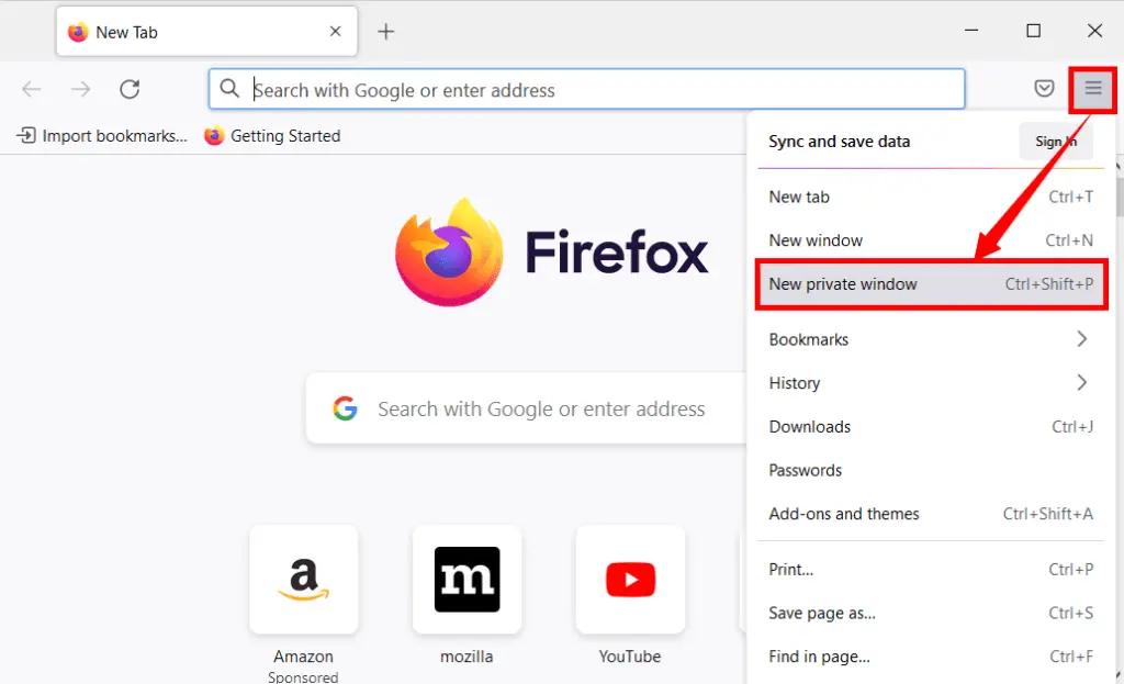 Changing to New Private Window in Mozilla Firefox
