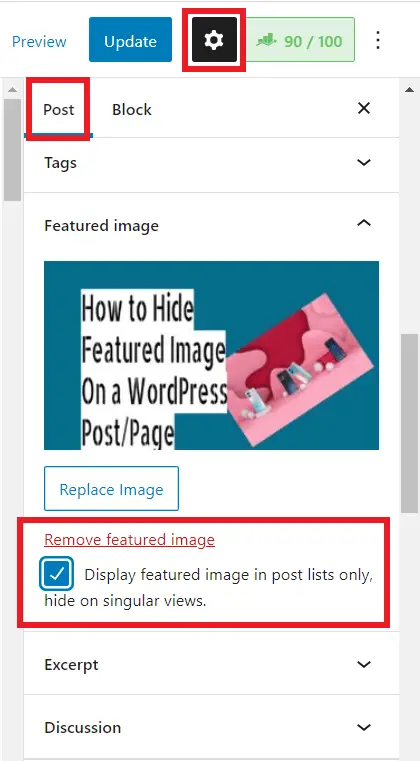 Check mark Display featured image in post lists only, hide on singular views