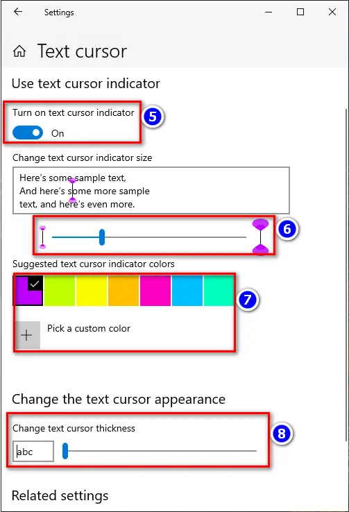 Change the text cursor indicator colour and thickness in Windows 10