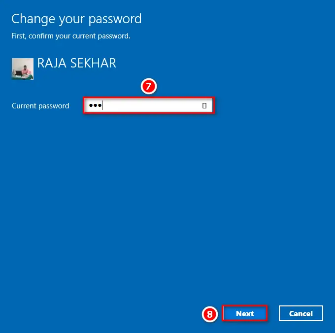 Enter current password in Windows