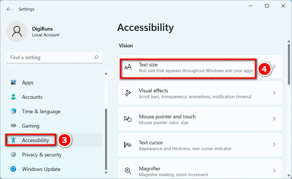 Navigate from Accessibility to text size