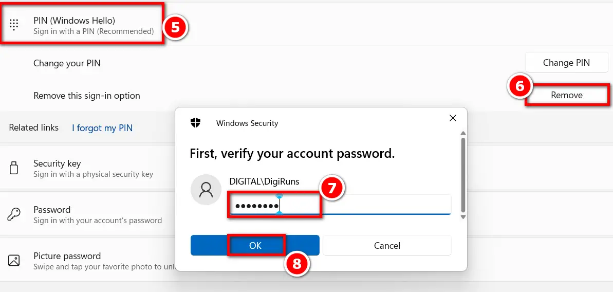 Remove sign-in PIN or Password