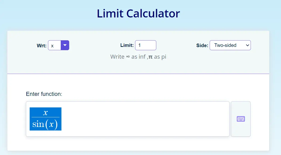 A screenshot of a limit calculator solving a mathematical limit problem.